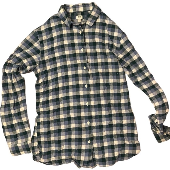 🔴 Uniqlo Womens Flannel Shirt Green, Blue and White - Picture 2 of 6